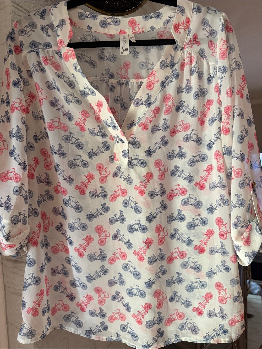 Women's Bike-Print Split-Neck Blouse - White with Pink & Blue